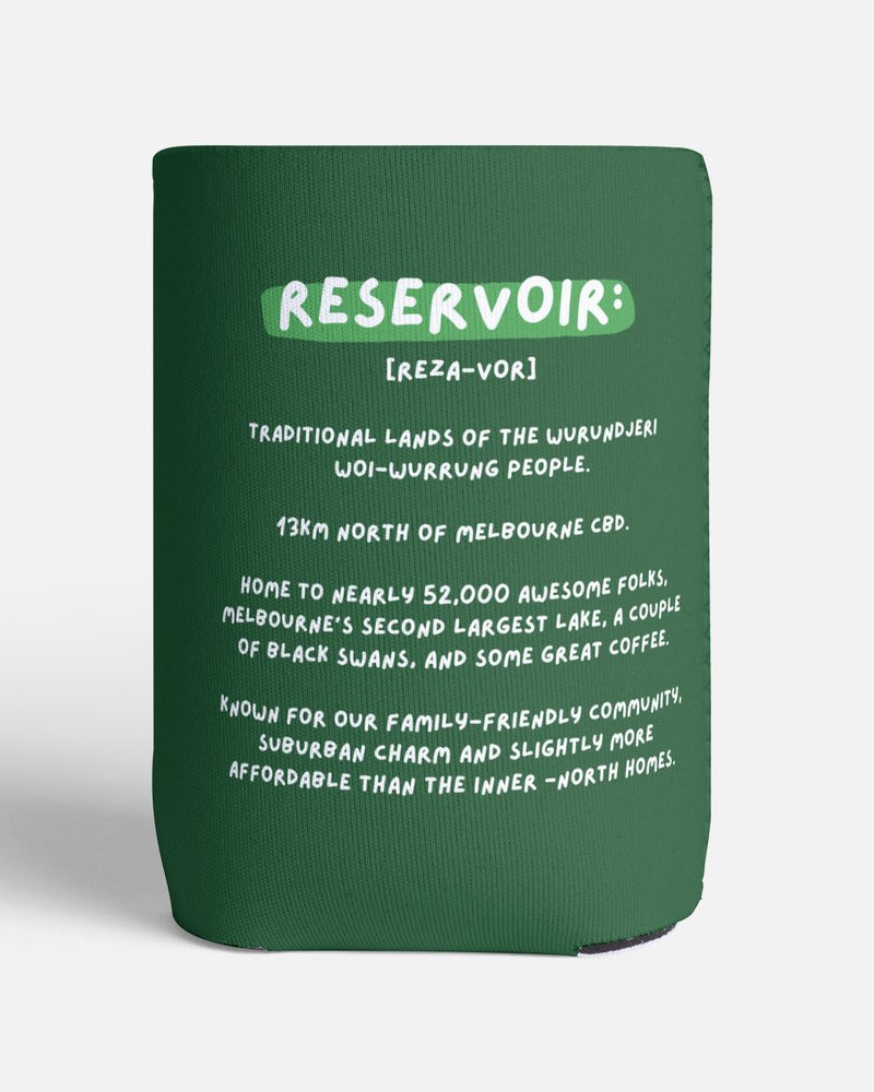 Green can cooler with text on a white background