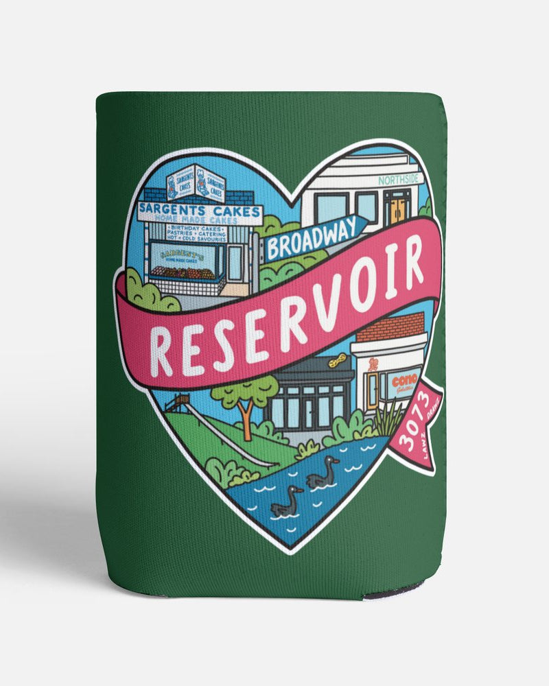 Green can cooler with a colorful illustration of a heart-shaped town scene on a white background